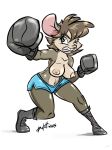  2015 angry anthro areola boots boxing boxing_gloves brown_fur brown_hair buckteeth clenched_teeth clothed clothing collarbone dutch_(artist) eyebrows eyelashes female footwear fur hair isisazza mammal mostly_nude mouse multicolored_fur navel nipples rodent samantha_wilkins shorts signature simple_background solo sport teeth topless two_tone_fur white_background 