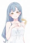  1girl aotsubaki_toto babydoll bang_dream! bang_dream!_it's_mygo!!!!! blue_hair closed_mouth collarbone commentary_request hair_down hickey highres implied_yuri long_hair looking_at_viewer simple_background solo togawa_sakiko white_babydoll white_background yellow_eyes 