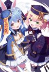  2girls :d alternate_costume animal_ear_fluff animal_ears bell blonde_hair blue_dress blue_hair blush braid braided_bun braided_hair_rings breasts bun_cover chinese_clothes cleavage cleavage_cutout clothing_cutout commentary detached_sleeves don-chan_(usada_pekora) double_bun dress fang frilled_dress frilled_sleeves frills ghost gradient_hair green_eyes grey_thighhighs hair_bell hair_between_eyes hair_bun hair_ornament hair_rings hairclip halloween hat highres hololive jiangshi jiangshi_costume jingle_bell kaie long_hair long_sleeves looking_at_viewer medium_hair momosuzu_nene momosuzu_nene_(jiangshi) multicolored_hair multiple_girls official_alternate_costume official_alternate_hairstyle ofuda ofuda_on_head open_mouth orange_eyes pink_hair purple_dress purple_hat qingdai_guanmao rabbit-shaped_pupils rabbit_ears rabbit_girl short_eyebrows short_hair skin_fang sleeves_past_fingers sleeves_past_wrists smile symbol-shaped_pupils thick_eyebrows thighhighs usada_pekora usada_pekora_(jiangshi) virtual_youtuber white_background white_thighhighs wide_sleeves yellow_eyes 