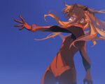  1girl blue_background blue_eyes bodysuit commentary covered_mouth cowboy_shot eliza_804 english_commentary hair_between_eyes hairpods highres interface_headset_(evangelion) long_hair mecha_pilot_suit multicolored_bodysuit neon_genesis_evangelion orange_bodysuit orange_hair plugsuit_(evangelion) profile reaching red_bodysuit simple_background solo souryuu_asuka_langley 