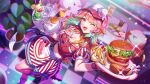  1girl :d ;d blurry blurry_background bottle breasts burger buttons checkered_floor chicken_(food) cleavage commentary_request cropped_jacket cup diner double-breasted drumsticks earrings feather_earrings feathers food fried_chicken game_asset gomashio_ponz gradient_hair green_feathers green_hair hair_flaps highres holding holding_tray hololive hololive_dreams hololive_english indoors jacket jewelry kfp_employee_(takanashi_kiara) kneehighs large_breasts long_hair looking_at_viewer loose_socks multicolored_hair non-web_source official_alternate_costume official_art one_eye_closed open_mouth orange_hair plant potted_plant puffy_short_sleeves puffy_sleeves receipt red_jacket red_skirt self-datamine shoes short-sleeved_jacket short_sleeves skirt smile socks solo standing standing_on_one_leg takanashi_kiara takanashi_kiara_(lovely_phoenix_diner) tray virtual_youtuber visor_cap waitress white_socks 