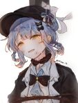 1girl artist_name bird_hat_ornament black_bow black_bowtie black_capelet black_hat blue_hair blue_necktie bound bow bowtie braid braided_hair_rings capelet collared_shirt commentary_request crying crying_with_eyes_open deerstalker execution grey_vest hair_bow hair_rings hat hat_bow highres kasai_(ksichan_25) mahou_shoujo_no_majo_saiban necktie open_mouth shirt short_hair signature simple_background smile solo spoilers standing tachibana_sherry tears tied_to_stake tied_up_(nonsexual) twitter_username upper_body vest white_background white_shirt yellow_eyes 