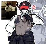  1boy anger_vein arthropod_horns black_gloves black_hat commentary dirty dirty_clothes english_commentary eyes_in_shadow gloves grease_(mechanical) halftone halftone_background hat highres holding_rag jea_(voltaej) jumpsuit jumpsuit_around_waist male_focus mandibles muscular muscular_male outline pest_(regretevator) pointy_ears reference_inset regretevator roblox solo tank_top tied_jumpsuit white_background white_hair white_outline zoom_layer 