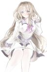  1girl 9-nine- :o arm_at_side belt blue_eyes blush bow brown_hair chest_bow commentary dress feet_out_of_frame furrowed_brow grey_belt hakusen_academy_school_uniform hand_up highres invisible_chair kujou_miyako long_hair long_sleeves looking_at_viewer open_mouth pink_bow school_uniform shiro_rei419 short_dress sidelocks simple_background sitting solo thighhighs very_long_hair white_background white_dress white_thighhighs 