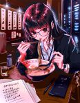  1girl absurdres black_eyes black_hair black_jacket bowl cellphone chopsticks commentary_request complementary_colors cup drinking_glass eating food highres holding holding_chopsticks holding_spoon indoors jacket jirou_(ramen) layered_sleeves long_hair long_sleeves looking_at_viewer noodles office_lady original paper pen phone pov_across_table ramen restaurant shirt slurping smartphone soba solo spoon straight_hair tkdoodle watch white_shirt wristwatch 
