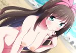  a.i._channel arm_up bangs beach blue_eyes blush bow breasts brown_hair commentary_request eyebrows_visible_through_hair green_eyes hairband hand_on_own_face inverted_nipples kizuna_ai leaning_forward long_hair looking_at_viewer medium_breasts naruse_mai navel nipples nude ocean pink_bow sand smile solo standing virtual_youtuber water 