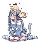  1girl absurdres anco_(platanity) animalization bang_dream! bang_dream!_it's_mygo!!!!! blue_dress blue_hair closed_mouth commentary_request dog dress heart highres kemonomimi_mode korean_commentary long_hair misumi_uika no_shoes sidelocks simple_background socks striped_clothes striped_socks togawa_sakiko white_background yellow_eyes 