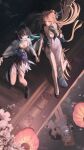  2girls absurdres ahoge artist_name black_dress black_hair black_shoes blonde_hair blue_eyes breasts chinese_clothes commentary different_reflection dress english_commentary folded_fan folding_fan hair_intakes hand_fan high_heels highres holding holding_fan holding_hands iamnk jacket long_hair looking_at_another medium_breasts multiple_girls qipao reflection shoes siblings sisters suisui_(wuthering_waves) tacet_mark_(wuthering_waves) white_dress white_jacket wuthering_waves yangyang_(wuthering_waves) yangyang_(xuanling)_(wuthering_waves) 