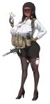  1girl absurdres ammunition_pouch amx1375 annoyed black_pantyhose black_skirt body_armor breasts button_gap clenched_teeth commentary_request communicator dark-skinned_female dark_skin dreadlocks gloves green_eyes gun hand_on_own_hip high_heels highres holding holding_phone huge_breasts id_card korean_commentary magazine_(weapon) micro_uzi original pantyhose pencil_skirt phone pouch shaded_face shirt skindentation skirt standing submachine_gun teeth thick_eyebrows thick_thighs thighs torn_clothes torn_pantyhose walkie-talkie weapon white_shirt wide_hips 