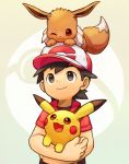  animal animal_on_head baseball_cap black_hair brown_eyes carrying closed_mouth eevee gen_1_pokemon hat highres jacket kakeru_(pokemon) looking_up male_focus on_head pikachu poke_ball_theme pokemon pokemon_(creature) pokemon_(game) pokemon_lgpe pokemon_on_head short_sleeves smile upper_body yanedx 