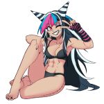  1girl abs bare_shoulders barefoot bikini black_bikini black_hair black_nails blue_streaks breasts collarbone commentary danganronpa_(series) danganronpa_2:_goodbye_despair ear_piercing english_commentary face_piercing feet hair_horns highres large_breasts long_hair looking_at_viewer mioda_ibuki mouth_piercing multicolored_hair nail_polish navel one_eye_closed parta_228 piercing pink_eyes pink_hair pink_streaks sailor_collar simple_background smile solo stitches streaked_hair swimsuit toenail_polish toenails toes toned toned_female v white_background white_hair white_streaks 