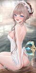  1girl absurdres artist_name ass back blue_eyes blush breasts brown_hair commentary_request covering_privates genshin_impact hand_up highres indoors lilith_bread looking_at_viewer looking_back medium_breasts naked_towel nude_cover onsen open_mouth sandrone_(genshin_impact) short_hair_with_long_locks sitting solo towel towel_tug wet winding_key 