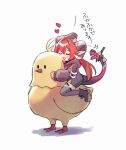  1girl 1other animal baby_animal bird black_hat black_horns blush closed_eyes commentary_request curled_horns dragon_girl dragon_horns gloves hair_between_eyes hat horns long_hair magus_(zenless_zone_zero) mechanical_horns mechanical_tail open_mouth orange_hair orphie_magnusson pointy_ears simple_background sitting sitting_on_animal tail thighhighs tmskdot translation_request twintails white_background zenless_zone_zero 