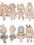  6+girls accurate_lolita_coord animal_ears ankle_lace-up apron bare_shoulders barefoot blonde_hair blue_dress blue_hair blue_pantyhose bow bowtie capelet closed_eyes closed_mouth collared_shirt commentary_request corset_piercing crescent cropped_jacket cross-laced_headwear diagonal-striped_clothes dot_mouth double_bun dress fake_animal_ears frilled_dress frilled_headwear frilled_sleeves frilled_socks frills fur-trimmed_capelet fur-trimmed_dress fur_trim glasses hair_bow hair_bun hat highres kneehighs layered_clothes layered_dress lolita_fashion long_hair long_sleeves monocle moon_phases multicolored_hair multiple_girls naiguozi no_pupils open_mouth orange_hair original own_hands_together pantyhose patterned_clothing pink_dress pink_shoes pleated_skirt puffy_long_sleeves puffy_short_sleeves puffy_sleeves rabbit_ears rabbit_girl red_capelet red_dress red_ribbon ribbon ribbon-trimmed_dress ribbon_trim see-through_clothes shirt shoes short_hair short_sleeves skirt smile socks sparkle striped_clothes striped_pantyhose tail twintails vertical-striped_clothes very_long_hair wavy_hair white_background white_dress white_shirt white_shoes wolf_ears wolf_tail yellow_skirt 
