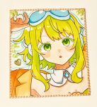  1girl :o brooch commentary_request detached_collar goggles goggles_on_head green_eyes green_hair gumi gumi_(sv) hand_up headphones highres jewelry komori_kamome looking_at_viewer portrait raised_eyebrows shikishi short_hair_with_long_locks solo synthesizer_v traditional_media vocaloid 