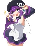  +_+ 0w0_(artist) 1girl :d absurdres armpits audio_jack bare_shoulders beret black_hat black_skirt black_sleeves blush breasts bright_pupils cable collared_shirt commentary contrast_collar cowboy_shot detached_sleeves double_v excited happy hat hat_writing headphones highres long_sleeves looking_at_viewer necktie open_mouth pleated_skirt purple_eyes purple_hair purple_necktie purple_trim robot_ears shirt short_hair simple_background skirt small_breasts smile solo sparkle standing utane_uta utau v v_over_eye white_pupils white_shirt 