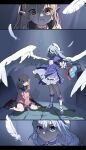  2girls angel_wings ankle_strap beret black_sailor_collar black_shoes black_skirt black_wings blonde_hair blue_bow blue_choker blue_hair blue_shirt blue_shoes blue_skirt bow choker closed_mouth collar determined dirty dirty_clothes dirty_face falling_feathers feathered_wings feathers frilled_socks frills gloves grey_background hair_between_eyes hair_bow hand_on_own_arm hat heart_wand highres holding holding_wand jacket light_particles long_bangs long_hair looking_at_another looking_at_viewer low_wings magical_girl makaino_ririmu makaino_ririmu_(4th_costume) miniskirt multicolored_hair multiple_girls multiple_views nijisanji open_mouth pink_hair pink_jacket pleated_skirt pointy_ears protecting puffy_short_sleeves puffy_sleeves purple_eyes red_collar red_eyes sailor_collar shirt shoes short_sleeves single_hair_intake sitting skirt sleeves_past_wrists socks standing streaked_hair tearing_up torn_wings two-tone_hair two_side_up virtual_youtuber wand wariza white_feathers white_gloves white_hat white_socks white_wings why_(omaemona) wings yuuki_chihiro yuuki_chihiro_(8th_costume) 