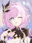  1girl ;) black_gloves black_shrug blue_eyes breasts cleavage commentary_request corset elf elysia_(honkai_impact) elysia_(miss_pink_elf)_(honkai_impact) four-finger_heart_hands gloves hair_ornament heart heart_hands highres honkai_(series) honkai_impact_3rd large_breasts long_hair looking_at_viewer moku_yukiko one_eye_closed pink_hair pointy_ears shrug_(clothing) single_glove smile solo upper_body very_long_hair white_corset 