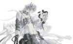  1girl absurdres animal_skeleton arm_armor bandaged_arm bandages bone chinese_commentary choker closed_mouth commentary_request cowboy_shot expressionless eyelashes eyepatch greyscale hair_ornament highres holding holding_skull jiao_chang long_hair looking_at_viewer monochrome navel original pointy_ears profile sidelocks skeleton skull snake solo 