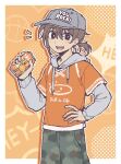  1boy baseball_cap black_eyes blush bright_pupils brown_hair camouflage camouflage_shorts can chinese_commentary commentary_request dark-skinned_male dark_skin grey_hat hand_on_own_hip hat highres holding holding_can hood hood_down hoodie kel_(birthday)_(omori) kel_(faraway)_(omori) kel_(omori) low_ponytail male_focus official_alternate_costume official_alternate_hairstyle omori orange_hoodie orange_joe_(omori) ponytail short_hair short_ponytail shorts smile solo teeth tongue upper_teeth_only white_pupils y_h 