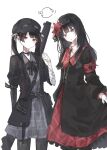  2girls ammunition_pouch arm_belt armband asymmetrical_gloves bandaged_arm bandaged_hand bandages black_capelet black_choker black_coat black_dress black_gloves black_hair black_hat black_pantyhose black_ribbon black_shirt black_skirt capelet character_name choker coat collared_dress collared_shirt commentary_request cosplay costume_switch cowboy_shot crown dress flower gloves goggles goggles_on_headwear grey_eyes gun hair_flower hair_ornament hat highres holding_own_skirt kasai_(ksichan_25) kurobe_nanoka layered_skirt long_hair long_skirt long_sleeves looking_at_viewer mahou_shoujo_no_majo_saiban mini_crown multiple_girls neck_ribbon necktie nikaido_hiro overskirt pantyhose plaid_clothes plaid_dress plaid_necktie plaid_skirt pleated_skirt pouch red_armband red_eyes red_flower red_necktie red_skirt ribbon rifle shirt side_capelet simple_background skirt twintails weapon white_background white_gloves white_shirt 