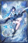  1girl absurdres artist_name bird black_boots black_dress black_hair blue_bird blue_hair boots breasts closed_eyes closed_mouth commentary dress full_body hand_on_blade high_heel_boots high_heels highres holding holding_sword holding_weapon jacket long_hair long_sleeves medium_breasts morted_art solo sword weapon white_jacket wide_sleeves wuthering_waves yangyang_(wuthering_waves) yangyang_(xuanling)_(wuthering_waves) 