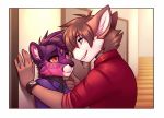  2018 ambiguous_gender anthro brown_eyes brown_fur brown_hair canine clothed clothing digital_media_(artwork) duo fur hair hyena inside lockworkorange male mammal multicolored_fur orange_eyes pink_fur pinned purple_fur purple_hair shirt smile touching_face watch white_fur 