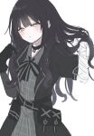  1girl ammunition_pouch arm_belt asymmetrical_gloves bandaged_arm bandaged_hand bandages black_choker black_coat black_dress black_gloves black_hair black_ribbon choker closed_mouth coat collared_dress commentary_request dress gloves grey_eyes hair_down highres holding_own_hair kasai_(ksichan_25) kurobe_nanoka long_hair mahou_shoujo_no_majo_saiban neck_ribbon plaid_clothes plaid_dress pouch ribbon simple_background solo upper_body white_background 