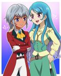  2girls :d aqua_hair belt belt_buckle black_thighhighs border brown_belt buckle buttons closed_mouth coat commentary_request cowboy_shot double-breasted eye_contact gloves gradient_background green_skirt grey_hair hand_on_another's_shoulder hand_on_own_hip heart kamijou_haruka long_hair long_sleeves looking_at_another multicolored_shirt multiple_girls mutsuba_asana onomekaman open_mouth outside_border pants purple_eyes red_coat shirt short_hair skirt smile standing teeth thighhighs upper_teeth_only v-shaped_eyebrows white_border white_gloves white_pants white_shirt yu-gi-oh! yu-gi-oh!_sevens 