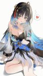  1girl ahoge ai-assisted black_dress black_hair blue_eyes blue_hair blush breasts cleavage colored_inner_hair commentary_request dress feather_hair hair_intakes hair_ornament heart highres long_hair looking_at_viewer multicolored_hair open_mouth poki_(j0ch3fvj6nd) sitting solo speech_bubble tacet_mark_(wuthering_waves) wuthering_waves yangyang_(wuthering_waves) yangyang_(xuanling)_(wuthering_waves) 