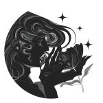  1boy absurdres adam's_apple aquiline_nose closed_eyes eyelashes flower from_side greyscale hairline highres iliothermia lips long_hair male_focus monochrome nose original solo sparkle upper_body 