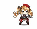  &gt;_&lt; animated ankle_boots bangs beret black_ribbon black_skirt blonde_hair blouse blush_stickers boots bridal_gauntlets brown_dress brown_gloves brown_legwear chibi cloak corset cropped_blouse dress embroidery floating_hair full_body garter_straps girls_frontline gloves gun hair_ribbon hat holding holding_gun holding_weapon kneeling long_hair lowres mod3_(girls_frontline) neck_ribbon official_art puffy_short_sleeves puffy_sleeves red_cloak red_footwear red_hat ribbon saru shirt short_sleeves simple_background skirt solo spinning sten_gun sten_mk2_(girls_frontline) submachine_gun tearing_up thighhighs twintails weapon white_background white_blouse wind yellow_eyes 