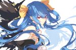  blue_hair commentary_request crossed_arms dizzy fukuda935 guilty_gear hair_between_eyes long_hair looking_at_viewer red_eyes ribbon simple_background solo twintails white_background wings yellow_ribbon 