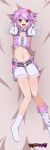  1girl absurdres artist_name braid dakimakura_(medium) dress gloves hair_ornament heart heart_hair_ornament highres idol idol_clothes midriff neptune_(neptunia) neptune_(series) official_alternate_costume open_mouth purple_eyes purple_hair short_hair skirt smile solo twin_braids verniy_misaki 