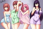  4girls absurdres blue_eyes blue_nails blush breasts brown_hair cleavage collarbone commentary doki_doki_literature_club embarrassed english_commentary eyelashes fang fingernails green_eyes green_nails hair_between_eyes hair_intakes highres holding_own_hair indoors long_hair medium_hair monika_(doki_doki_literature_club) motion_lines multiple_girls nail_polish naked_towel natsuki_(doki_doki_literature_club) notice_lines open_mouth pink_eyes pink_hair purple_eyes purple_hair sayori_(doki_doki_literature_club) sidelocks signature skin_fang smile sweatdrop teeth towel upper_teeth_only wet willianxs yuri_(doki_doki_literature_club) 