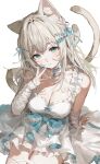  1girl absurdres animal_ear_fluff animal_ears arm_at_side arm_warmers arrow_hair_ornament bandaid bandaid_on_cheek bandaid_on_face bell belt_collar blue_bow blue_collar blue_eyes blue_ribbon bow breasts cat_ears cat_girl cat_tail cleavage closed_mouth collar commentary commission cowboy_shot double-parted_bangs dress dress_bow frilled_dress frills from_above hair_ribbon hand_up highres jingle_bell large_breasts looking_at_viewer looking_up neck_bell original pearl_hair_ornament ribbon short_dress simple_background sitting skeb_commission sleeveless sleeveless_dress solo suashi tail watermark white_arm_warmers white_background white_dress 