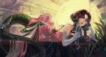  1girl absurdres anjo_nala bare_shoulders black_hair breasts choker commentary cowboy_shot curled_horns dress elbow_gloves gloves green_tail grey_choker grey_gloves grey_horns highres holding holding_microphone_stand horns kich_mich large_breasts lizard_tail long_hair looking_at_viewer low_horns lying microphone microphone_stand on_stomach open_mouth pink_dress plant purple_eyes reverse:1999 solo tail teeth untranslatable_commentary upper_teeth_only vintage_microphone yellow_background 