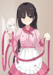  >:) 2girls :t ahoge akizuki_kanna apron belt black_hair blush brown_background buttons cafe_stella_to_shinigami_no_chou closed_mouth commentary company_connection cowboy_shot double-breasted earrings embarrassed frilled_apron frilled_skirt frills furrowed_brow hair_between_eyes half_updo hand_up hands_up highres holding holding_belt indoors jewelry long_hair long_sleeves looking_at_another looking_at_viewer medium_skirt mole mole_under_eye multiple_girls nose_blush official_alternate_costume okaeru peeking peeking_out pink_belt pink_shirt pink_skirt plaid_clothes plaid_collar pleated_skirt purple_eyes sanoba_witch shiki_natsume shirt sidelocks simple_background skirt smile solo_focus straight_hair striped_clothes striped_shirt stud_earrings v-shaped_eyebrows variant_set vertical-striped_clothes vertical-striped_shirt very_long_hair waist_apron waitress white_apron white_hair yellow_eyes yuzusoft 