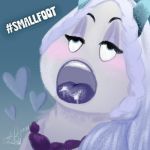  2018 ahegao anthro blue_eyes blush cum cum_inside cum_on_tongue digital_media_(artwork) fandomtopia_(artist) female fur hair horn jewelry looking_pleasured mammal meechee_(smallfoot) necklace open_mouth simple_background smallfoot solo tongue tongue_out white_fur yeti 