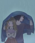  1boy 1girl black_hair black_shirt blonde_hair blush calem_(pokemon) commentary_request espurr highres hiryoou holding holding_pokemon holding_unworn_clothes holding_unworn_jacket improvised_umbrella jacket pokemon pokemon_(creature) pokemon_x_and_y rain serena_(pokemon) shirt sleeveless sleeveless_shirt unworn_jacket wet 