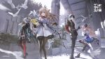  1boy 3girls absurdres animal_ears arcane_(arknights) arknights arknights:_endfield arm_behind_back arm_support armor asymmetrical_gloves bare_shoulders belt bird bird_ears bird_girl black_jacket black_pants black_pantyhose black_thighhighs blonde_hair blood blood_halo blue_dress blue_eyes braid breasts brown_hair camille_(arknights) cape claw_ring clothing_cutout commentary_request contrapposto copyright_logo copyright_notice crystal_earrings cuisses curled_horns demon_girl demon_horns demon_tail dove dress earrings elbow_gloves extra_ears facial_mark feet_out_of_frame floating_hair forehead_mark frilled_dress frills gloves gradient_hair greaves green_hair grey_hair half_up_braid halo halter_dress halterneck hand_on_own_shoulder head_wings heart_cutout heel_up high-waist_belt highres holding holding_wand holographic_monitor hood hood_down hooded_cape horns idol jacket jewelry light_rays liino_(arknights) liquid_halo logo long_hair looking_at_viewer medium_breasts mismatched_gloves motion_blur multicolored_gloves multicolored_hair multicolored_horns multiple_girls neck_tattoo off_shoulder official_art outdoors pants pantyhose parted_bangs parted_lips partially_fingerless_gloves pauldrons pelvic_curtain perlica_(arknights) pinstripe_jacket pinstripe_pattern pointy_ears ponytail purple_eyes quilted_jacket red_gloves red_streaks red_thighhighs second-party_source short_hair shoulder_armor shrug_(clothing) shycocoa single_elbow_glove single_pauldron sitting spiked_halo streaked_hair sweater tail tattoo thigh_strap thighhighs turtleneck turtleneck_sweater two-sided_gloves two-tone_gloves two-tone_horns uneven_gloves vampire walkie-talkie wand white_dress white_jacket white_shrug wings 