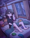  1girl absurdres air_conditioner alarm_clock analog_clock barefoot bed bedroom black_hair black_shirt blanket book bottle calendar_(object) clock commentary_request curtains highres indoors messy_hair messy_room night on_bed one_eye_closed open_book original pillow rain shirt short_sleeves shorts sitting solo stuffed_animal stuffed_toy t-shirt takurada under_covers window 