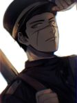  1boy adjusting_clothes adjusting_hat black_hair black_hat brown_eyes facial_scar golden_kamuy hat looking_at_viewer male_focus military_hat nakkamonakkamo scar short_hair sugimoto_saichi upper_body white_background 