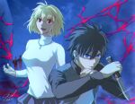  1girl 3boys ahoge antenna_hair arcueid_brunestud black_hair black_pantyhose black_sleeves blonde_hair blue_eyes blue_pupils blue_skirt commentary_request crack fighting_stance fingernails fog folding_knife glowing glowing_eyes grey_jacket hair_between_eyes jacket knife looking_ahead messy_hair miniskirt multiple_boys mystic_eyes_of_death_perception nanatsu-yoru night open_mouth pantyhose plaid_clothes plaid_skirt red_eyes reverse_grip seaway_cdra shade sharp_fingernails shirt short_hair silhouette single_hair_intake skirt smile switchblade tohno_shiki tsukihime tsukihime_(remake) white_shirt zombie 