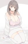  :d bangs bed_sheet blue_eyes blush breasts brown_hair camisole cleavage collarbone eyebrows_visible_through_hair grey_hair highres large_breasts looking_at_viewer nekoume open_mouth original seiza sitting sleeves_past_wrists smile solo sweater tareme thighhighs thighs white_legwear 