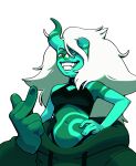  1girl breasts cleavage colored_skin design_speculation discount-supervillain extra_eyes fluffy_hair gem gem_(steven_universe) green_eyes green_skin grin highres jasper_(steven_universe) jasper_(uncorrupted)_(steven_universe) lips long_hair looking_at_viewer malachite_(steven_universe) nose_jewel smile solo steven_universe steven_universe_future striped_skin teeth transparent_background white_hair 