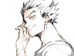  1boy adam's_apple bokuto_koutarou closed_mouth commentary_request haikyuu!! highres j19325470 jewelry looking_at_viewer looking_to_the_side male_focus ring shirt short_hair simple_background slit_pupils solo t-shirt wedding_ring white_background white_shirt yellow_eyes 