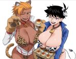  2girls :d ;d animal_ear_fluff animal_ears animal_hands animal_print bell bikini black_collar black_hair blue_jacket body_freckles box breast_freckles breasts chest_freckles collar cow_ears cow_girl cow_horns cow_print cow_print_bikini cow_tail cowbell dark-skinned_female dark_skin eyepatch_bikini fake_tail food freckles gina_(nesz) glasses gloves green_eyes gyaru highres holding holding_box horns huge_breasts jacket jane_(nesz) leopard_ears leopard_girl leopard_print leopard_print_bikini leopard_tail micro_bikini multiple_girls navel navel_piercing neck_bell nesz_r no_eyes one_eye_closed open_clothes open_jacket orange_hair original paw_gloves piercing police print_bikini pudding purple_eyes red_collar sharp_teeth shoes short_hair skindentation smile strapless strapless_bikini sweatdrop swimsuit tail tan teeth textless_version tomboy track_jacket undercut white_jacket 