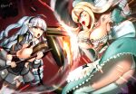  ahoge apron aqua_dress aqua_eyes aqua_hat armor armpits artist_name ass atora_yuki attack bare_shoulders belt belt_pouch between_breasts black_hairband black_necktie blonde_hair blunt_bangs bouncing_breasts bow bra breasts broken_armor brown_belt bruise bruise_on_chest bruise_on_face bruise_on_shoulder catfight clash cleavage clenched_hand clothes_between_breasts collar commentary_request detached_collar detached_sleeves dress drill drill_hair drill_polearm drill_sidelocks duel fighting flower frilled_apron frilled_collar frilled_dress frilled_gloves frilled_thighhighs frills ginrei_(senran_kagura) gloves greatsword grey_hair grey_shirt grey_skirt hair_flower hair_ornament hairband hairclip hat hat_bow holding holding_polearm holding_sword holding_weapon huge_weapon injury ink_splatter large_breasts long_hair long_sleeves looking_at_another multiple_drills multiple_girls necktie necktie_between_breasts open_mouth panties polearm pouch red_background ribbon-trimmed_collar ribbon-trimmed_dress ribbon-trimmed_gloves ribbon-trimmed_sleeves ribbon_trim school_uniform senran_kagura senran_kagura_new_wave senran_kagura_shoujo-tachi_no_shin'ei shirt shoulder_armor shuriken_print sidelocks skirt smile sparks sword teeth thighhighs tongue torn_clothes torn_dress torn_gloves torn_skirt torn_sleeves twitter_username underboob underwear upper_teeth_only v-shaped_eyebrows very_long_hair weapon white_apron white_bra white_flower white_gloves white_panties white_thighhighs yomi_(senran_kagura) 
