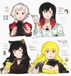  4girls alternate_eye_color alternate_hair_color animal_ears aqua_eyes bandana bandana_around_neck black_bandana black_choker black_hair blake_belladonna blonde_hair breasts cat_ears cat_girl choker cleavage collarbone commentary english_commentary english_text grey_eyes hair_between_eyes hand_in_own_hair heterochromia highres hiru315 holding hood hood_down jewelry long_sleeves multiple_girls necklace official_art_inset open_mouth pamphlet prototype_design purple_eyes red_eyes reference_inset ribbon_choker ruby_rose rwby scar scar_across_eye scar_on_face short_hair simple_background sweatdrop twitter_username weiss_schnee white_background white_hair yang_xiao_long yellow_eyes 